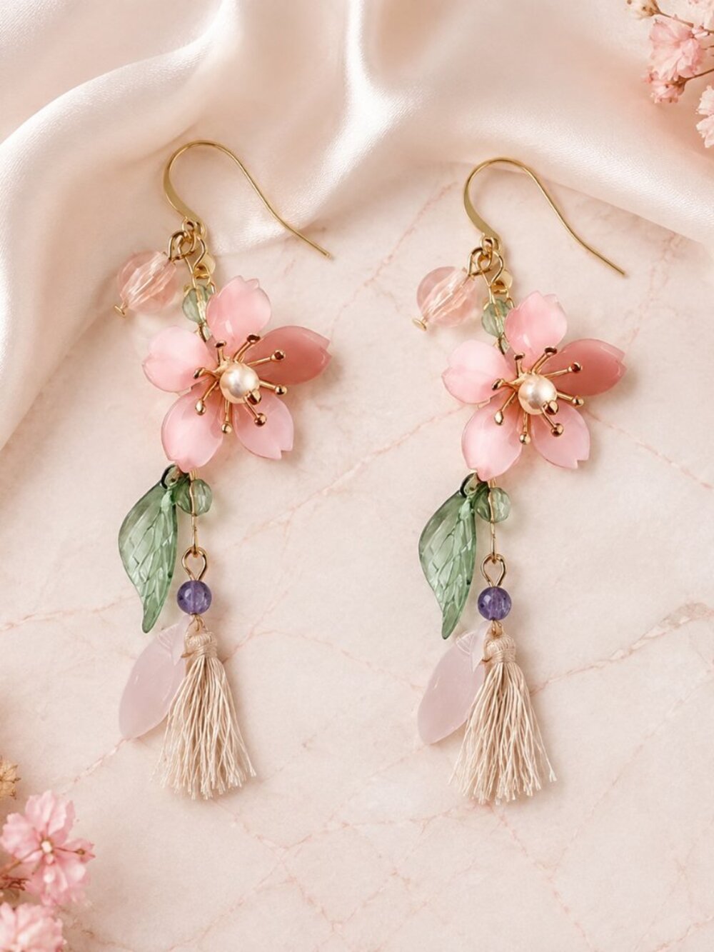 Pink Floral Dangle Earrings Gold Tone Leaf Tassel Drop NWT